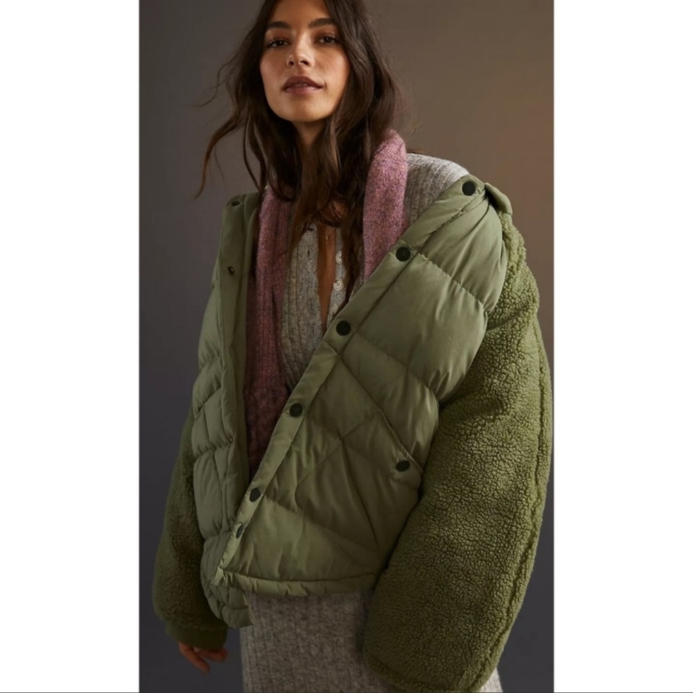Anthropologie Pilcro NWT Szs XS, SM, L & XL green puffer jacket w/fleece sleeves - Picture 9 of 16